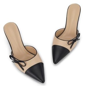 Womens Bow Tie Mules Heels Two Tone Closed Pointed Toe Slip On Backless Wedding Dress Shoes Pumps
