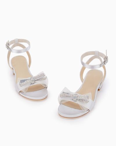 Girls Low Heel Sandals Open Toe Rhinestone Ankle Strap Flower Wedding Dress Shoes Little Big Kids