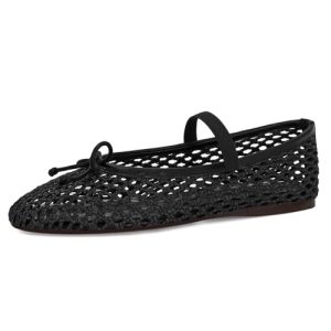 Woven Ballet Flats for Women Cute Raffia Mary Janes Bow Elastic Strap Summer Straw Comfortable Casual Dressy Shoes