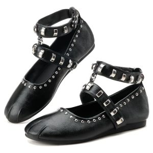 41XHkn2pibL.jpg Studded Mary Jane Flats for Women Round Toe Rivet Ankle Strap Ballet Flats Shoes Casual Dressy Ballerina Shoes