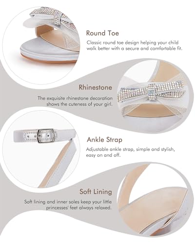 Girls Low Heel Sandals Open Toe Rhinestone Ankle Strap Flower Wedding Dress Shoes Little Big Kids